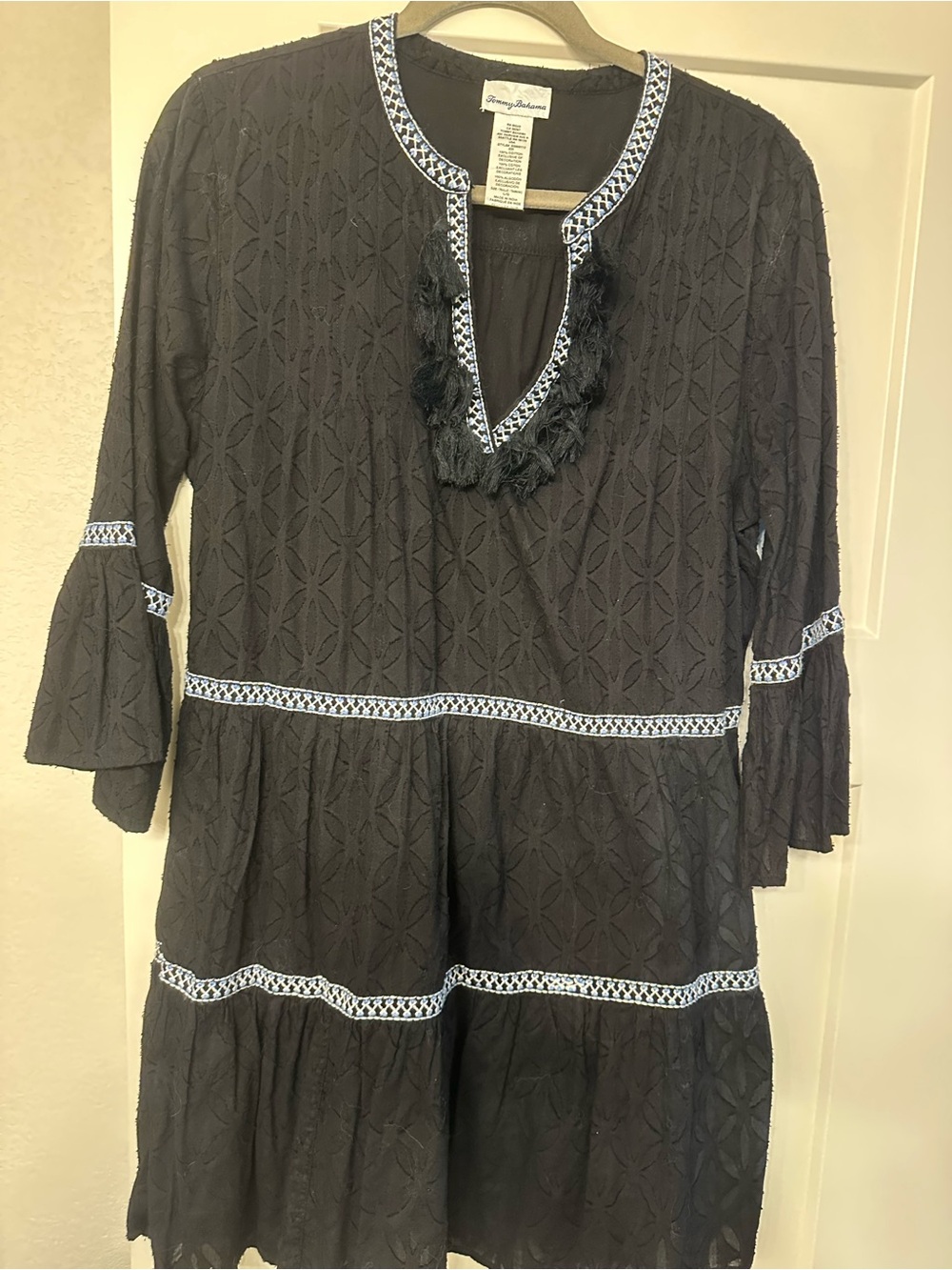 Tommy Bahama Black Tiered Embroidered Fringe Dress